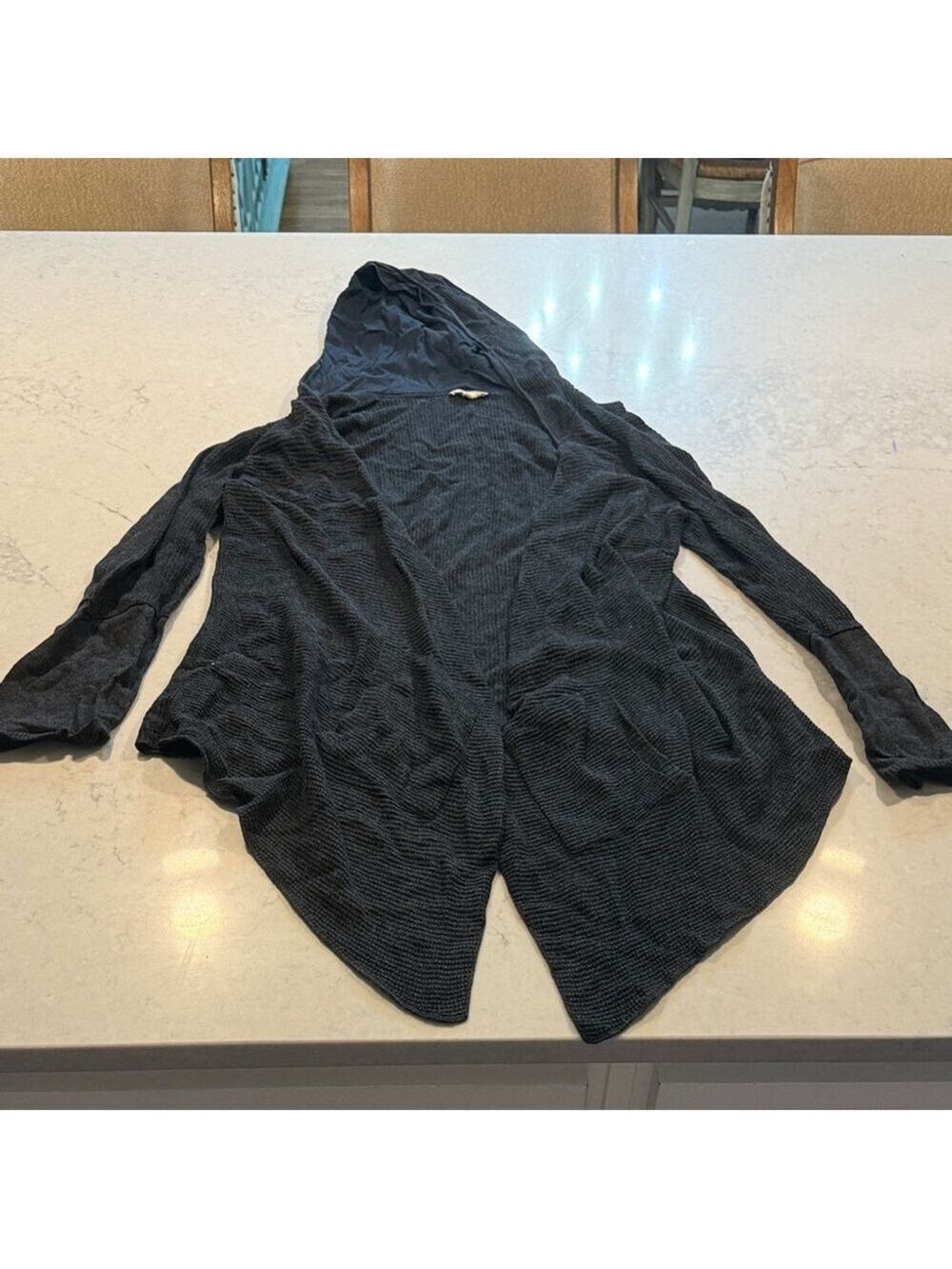 Eileen Fisher Black Waffle Knit Hooded Cardigan Large